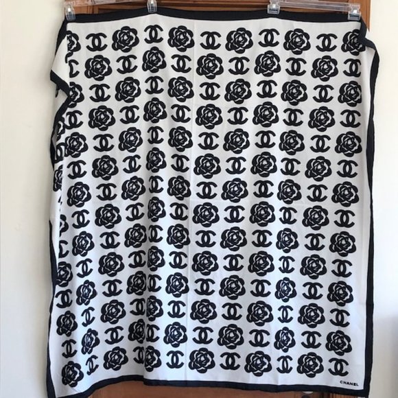 CHANEL CC Camellia Print Black White Silk Scarf Large Square - Picture 9 of 17